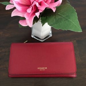 COACH Large Leather Trifold Wallet Raspberry Red